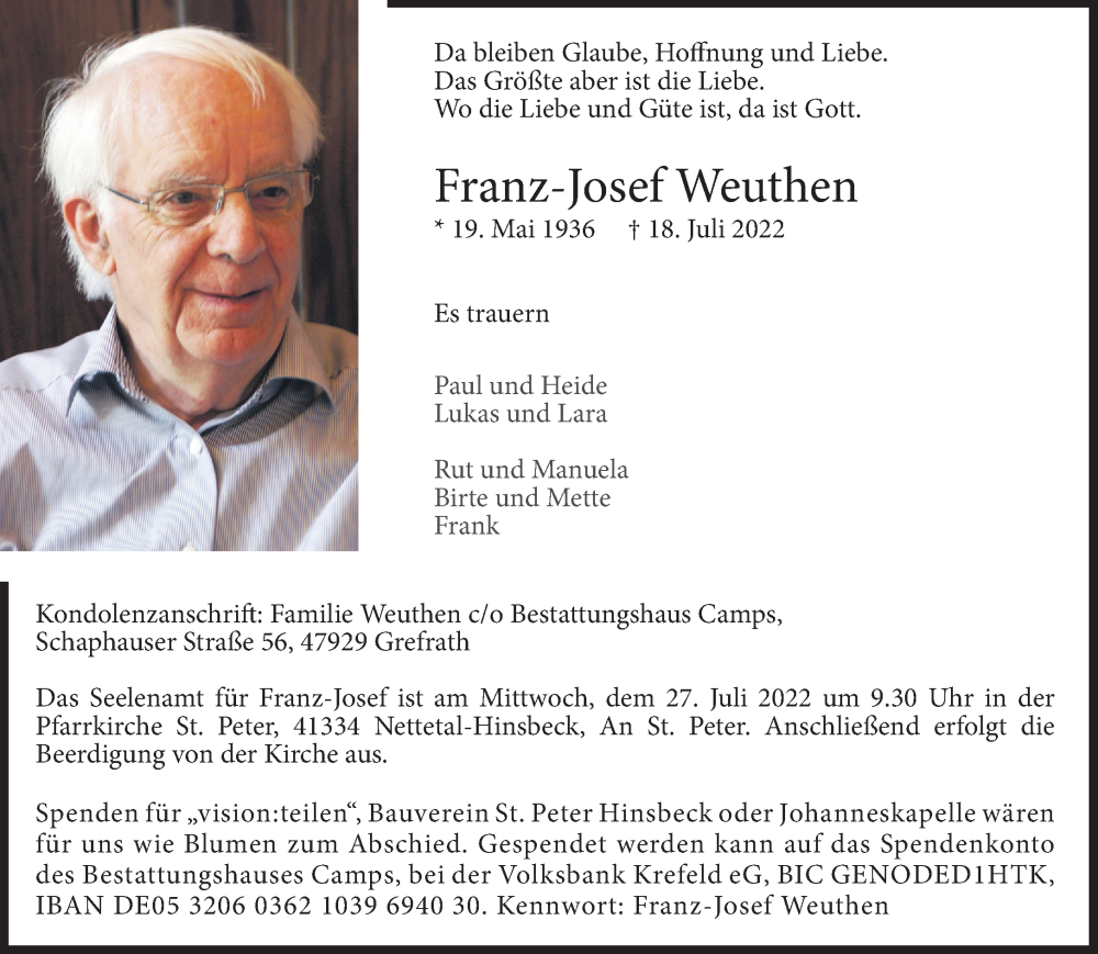  Traueranzeige für Franz-Josef Weuthen vom 23.07.2022 aus Rheinische Post