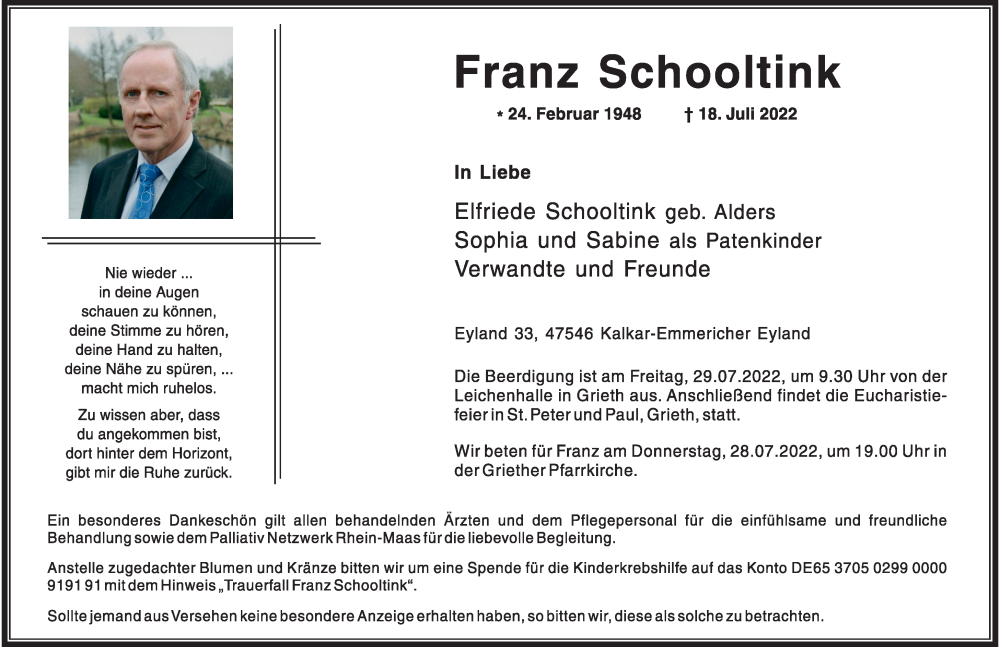  Traueranzeige für Franz Schooltink vom 23.07.2022 aus Rheinische Post