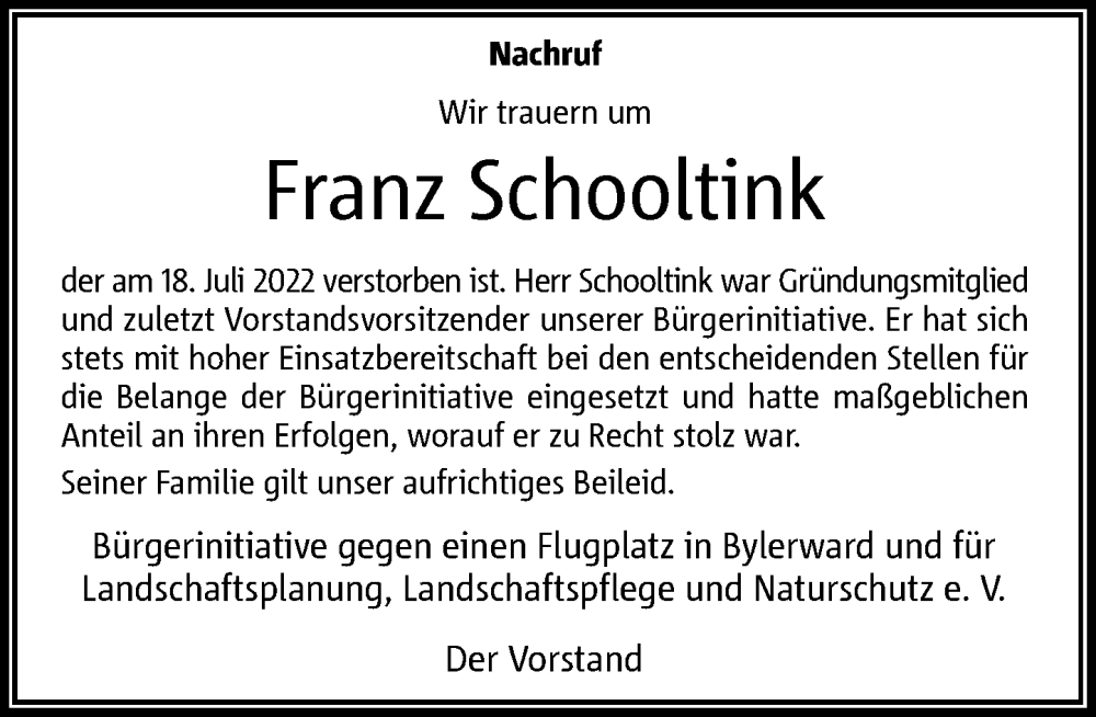  Traueranzeige für Franz Schooltink vom 23.07.2022 aus Rheinische Post