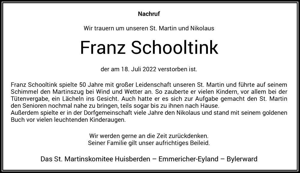  Traueranzeige für Franz Schooltink vom 29.07.2022 aus Rheinische Post