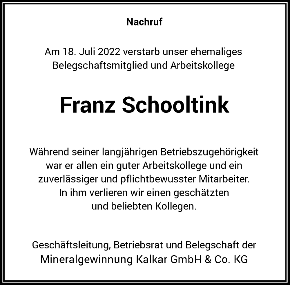 Traueranzeige für Franz Schooltink vom 30.07.2022 aus Rheinische Post