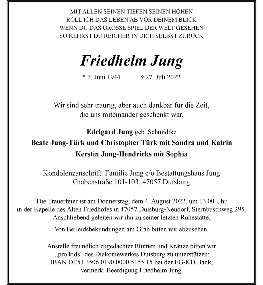  Traueranzeige für Friedhelm Jung vom 30.07.2022 aus Rheinische Post