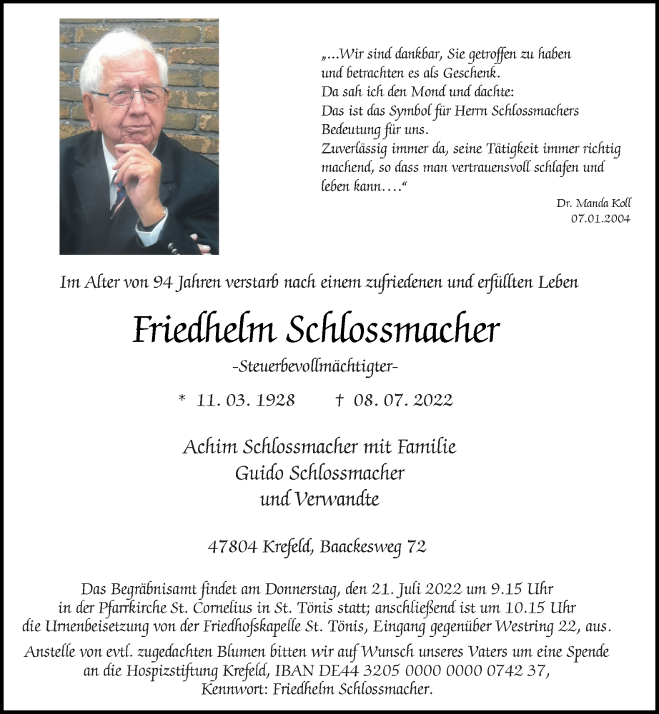  Traueranzeige für Friedhelm Schlossmacher vom 16.07.2022 aus Rheinische Post