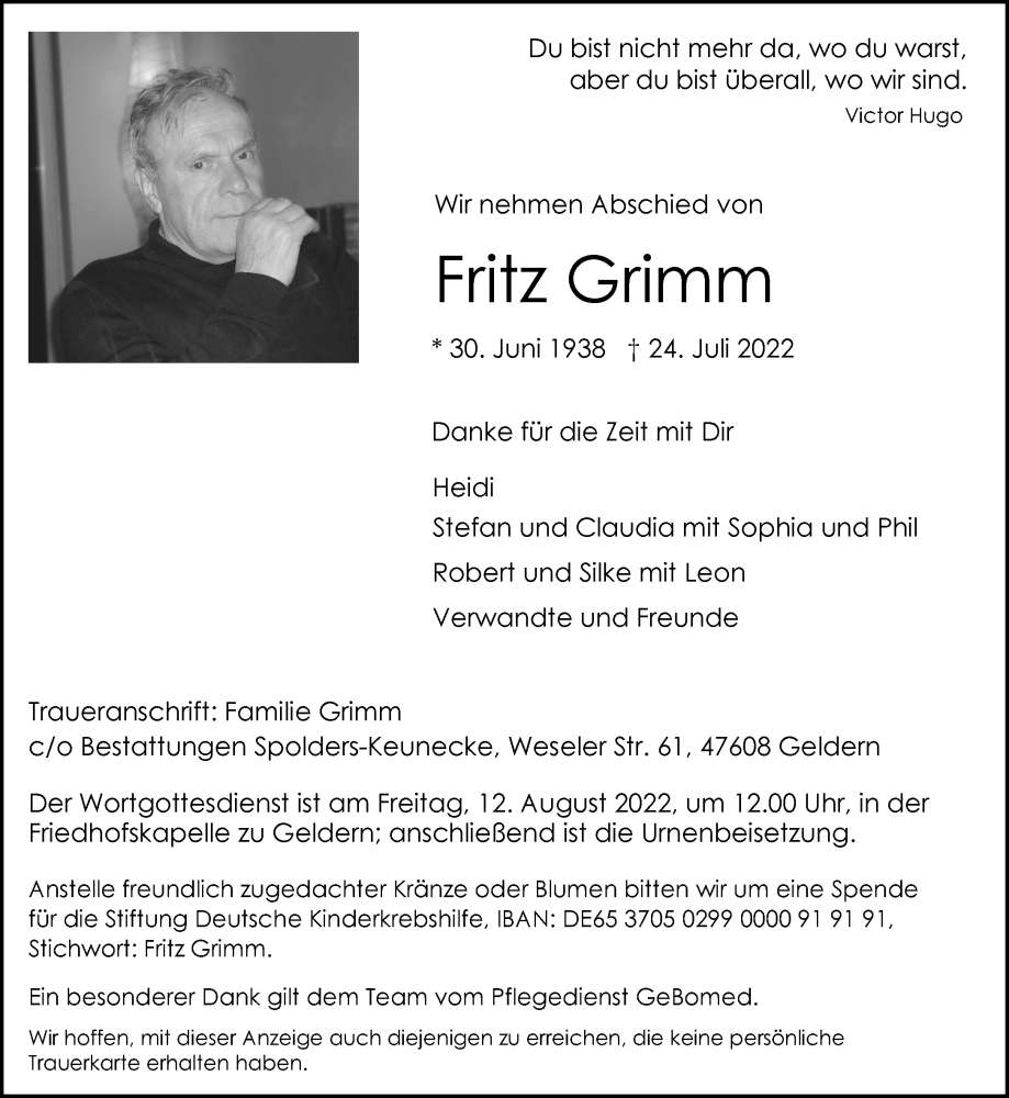  Traueranzeige für Fritz Grimm vom 30.07.2022 aus Rheinische Post