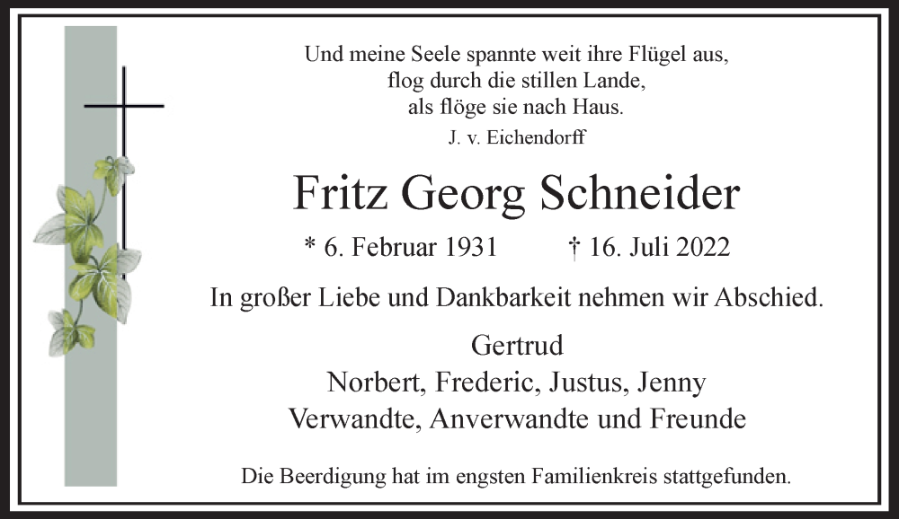 Traueranzeige für Fritz Georg Schneider vom 30.07.2022 aus Rheinische Post