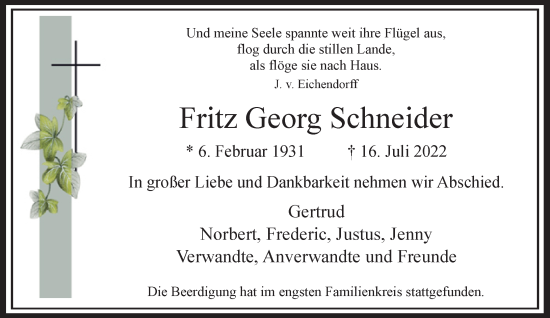 Traueranzeige von Fritz Georg Schneider von Rheinische Post