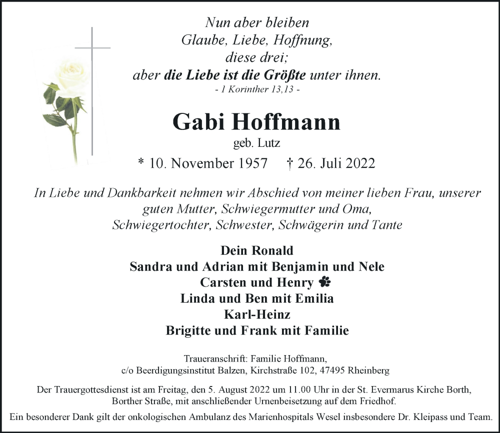  Traueranzeige für Gabi Hoffmann vom 29.07.2022 aus Rheinische Post