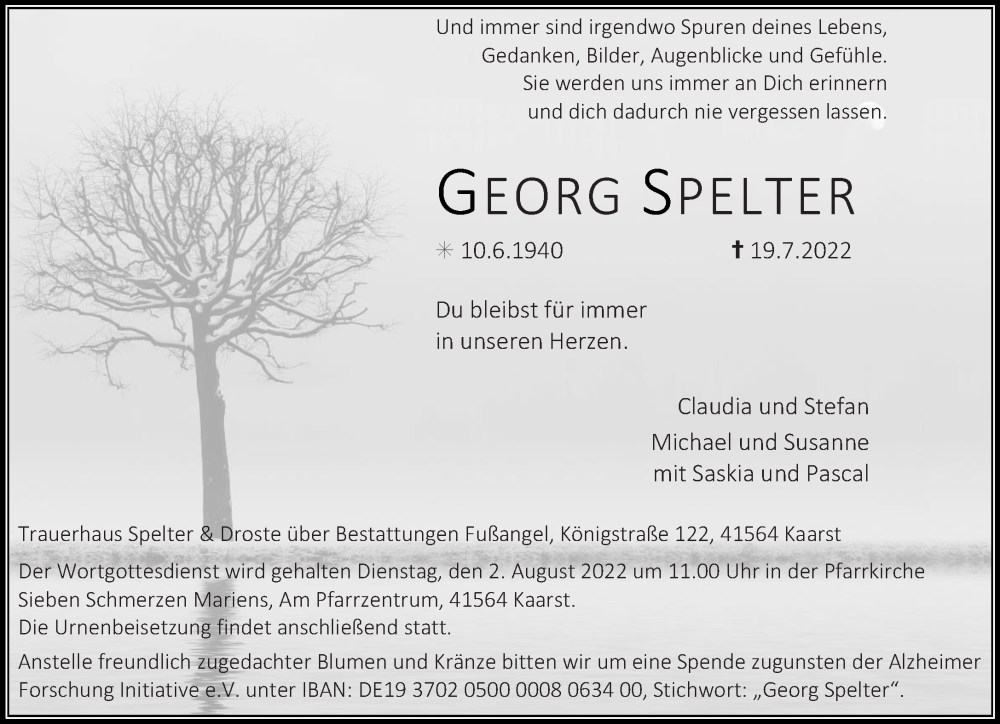  Traueranzeige für Georg Spelter vom 30.07.2022 aus Rheinische Post