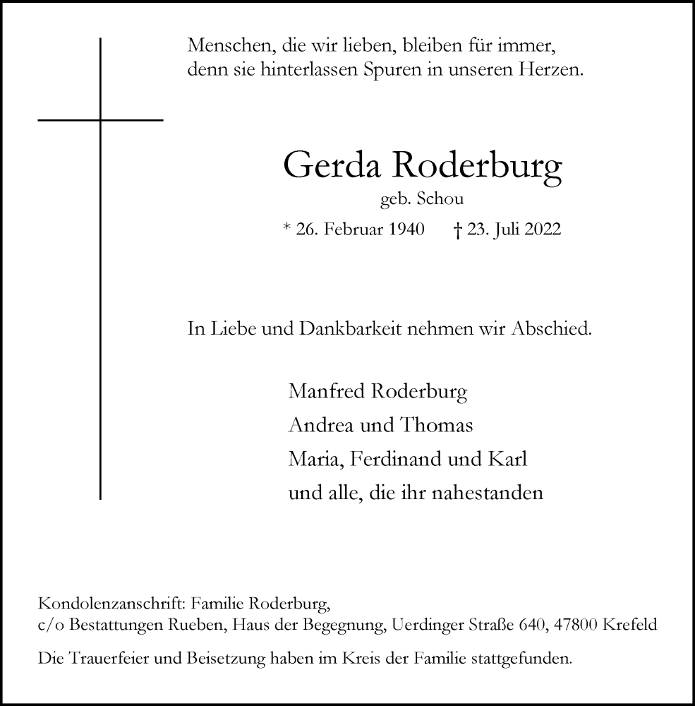  Traueranzeige für Gerda Roderburg vom 06.08.2022 aus Rheinische Post