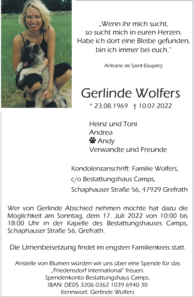  Traueranzeige für Gerlinde Wolfers vom 16.07.2022 aus Rheinische Post