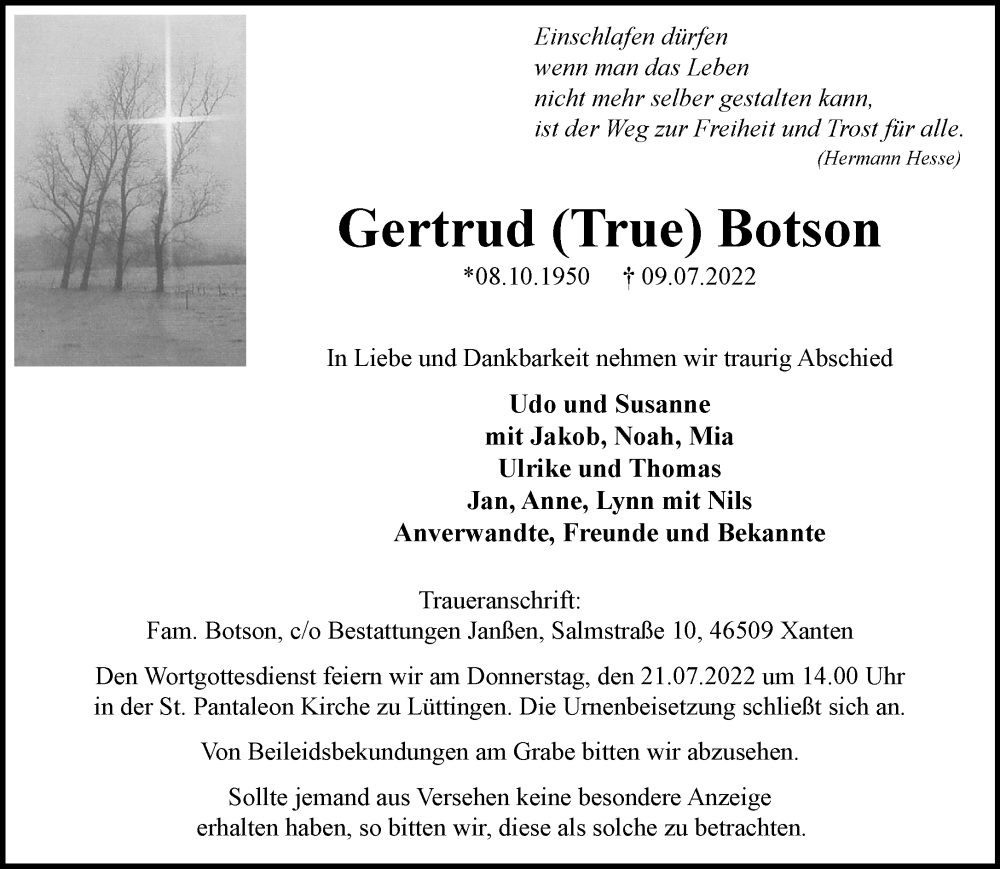  Traueranzeige für Gertrud  Botson vom 16.07.2022 aus Rheinische Post