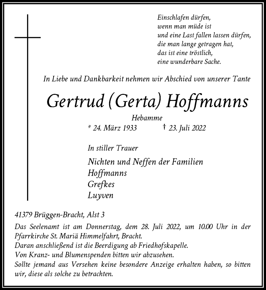  Traueranzeige für Gertrud  Hoffmanns vom 27.07.2022 aus Rheinische Post