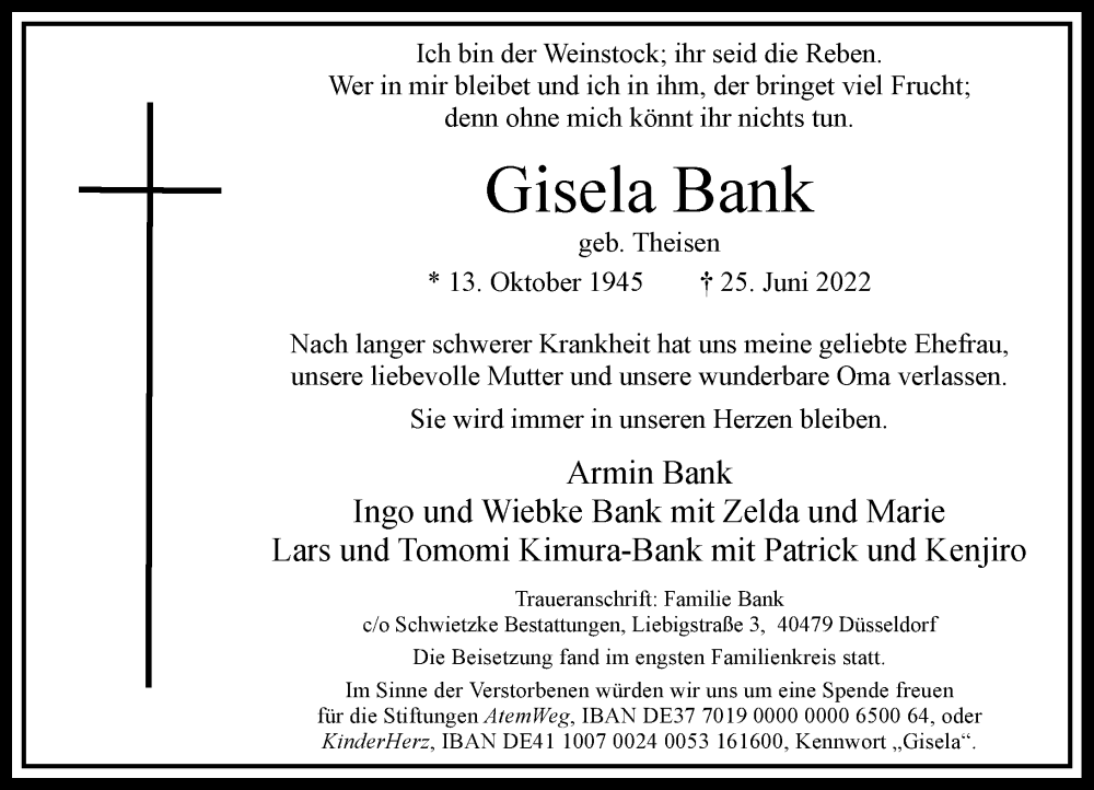  Traueranzeige für Gisela Bank vom 16.07.2022 aus Rheinische Post