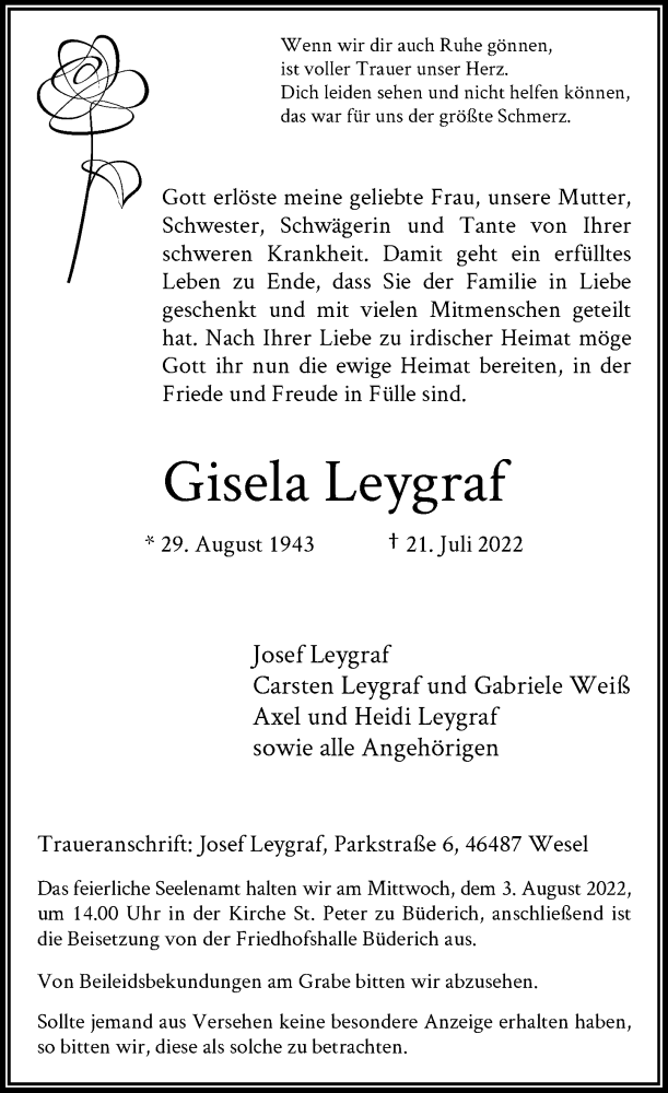  Traueranzeige für Gisela Leygraf vom 26.07.2022 aus Rheinische Post