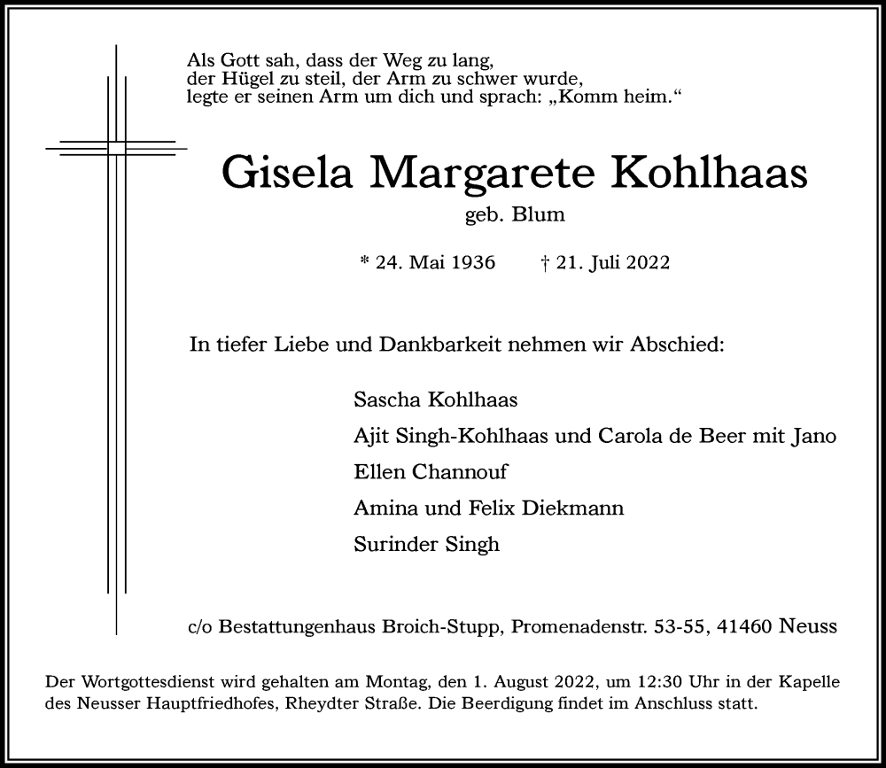  Traueranzeige für Gisela MArgarete Kohlhaas vom 27.07.2022 aus Rheinische Post