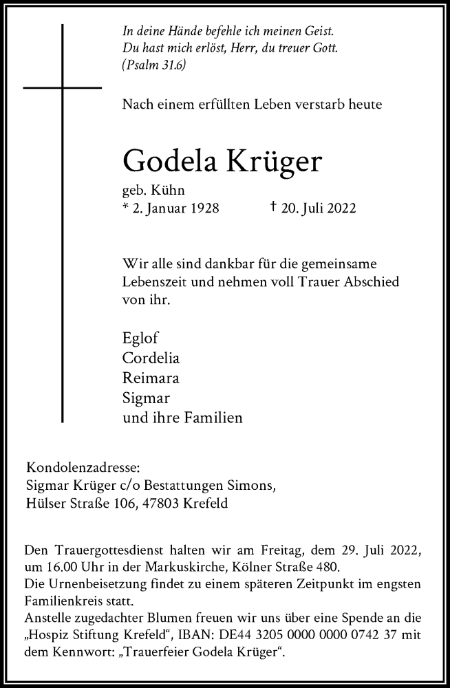  Traueranzeige für Godela Krüger vom 23.07.2022 aus Rheinische Post