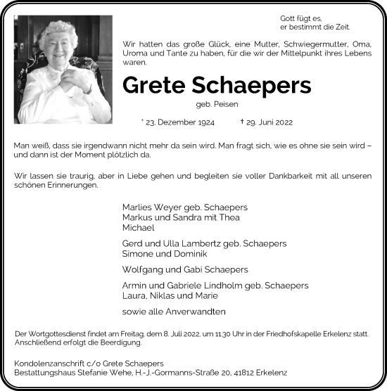 Traueranzeige von Grete Schaepers von Rheinische Post