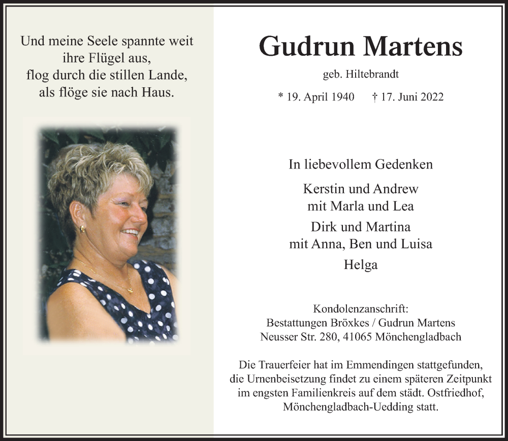  Traueranzeige für Gudrun Martens vom 09.07.2022 aus Rheinische Post