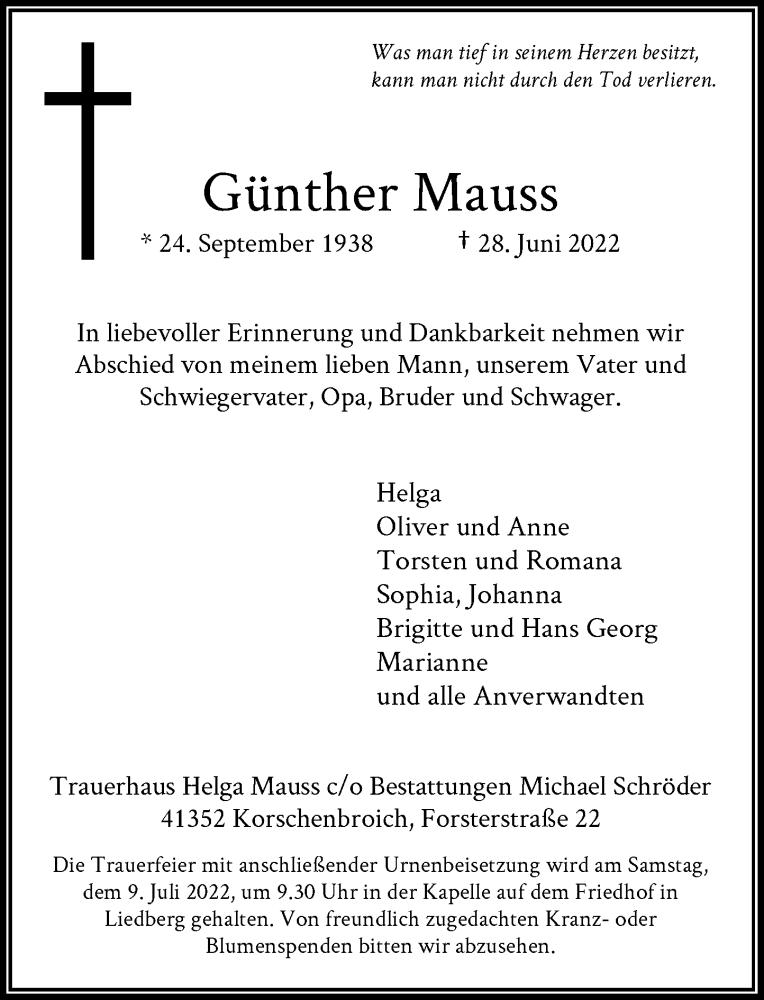  Traueranzeige für Günther Mauss vom 02.07.2022 aus Rheinische Post