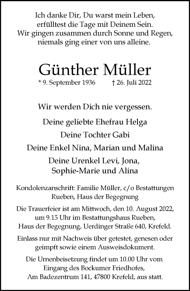  Traueranzeige für Günther Müller vom 30.07.2022 aus Rheinische Post