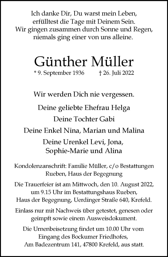 Traueranzeige von Günther Müller von Rheinische Post
