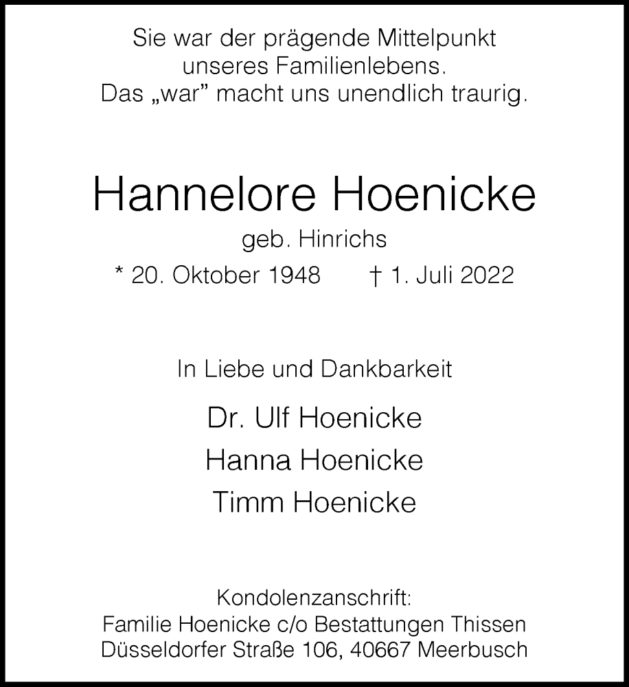  Traueranzeige für Hannelore Hoenicke vom 06.08.2022 aus Rheinische Post
