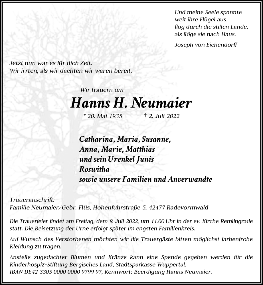  Traueranzeige für Hanns H. Neumaier vom 05.07.2022 aus Rheinische Post