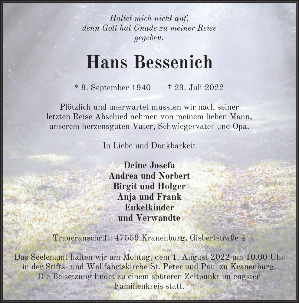  Traueranzeige für Hans Bessenich vom 27.07.2022 aus Rheinische Post
