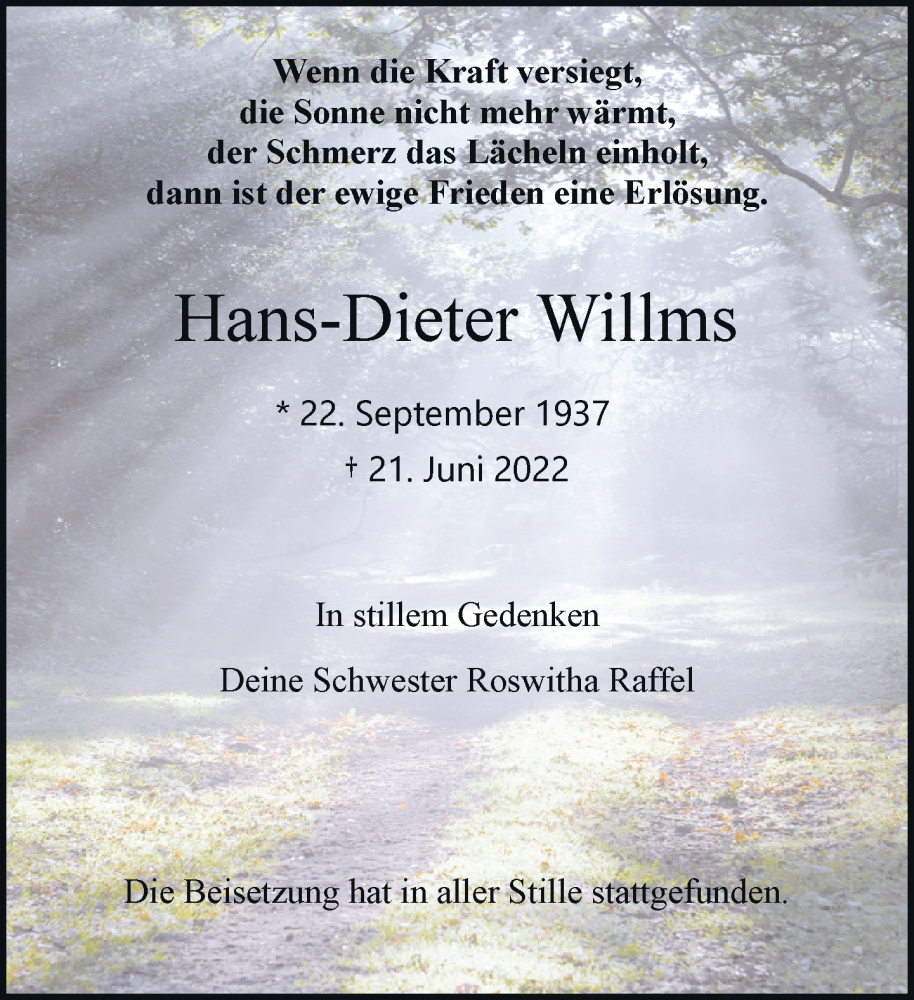  Traueranzeige für Hans-Dieter Willms vom 16.07.2022 aus Rheinische Post