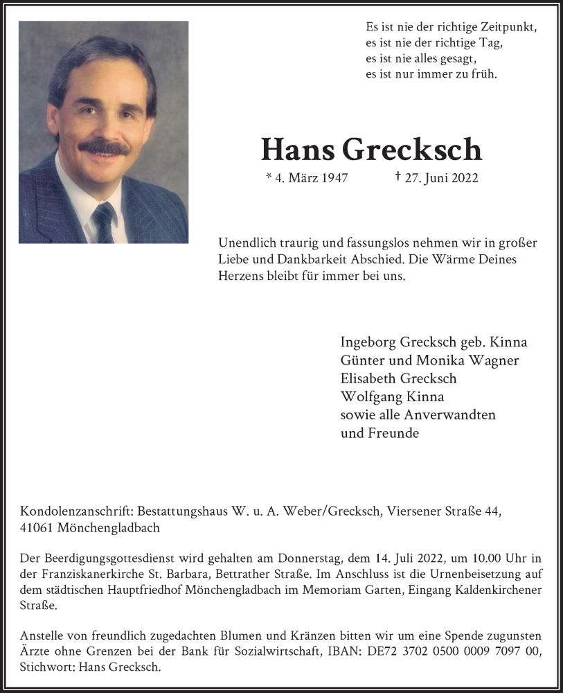  Traueranzeige für Hans Grecksch vom 09.07.2022 aus Rheinische Post