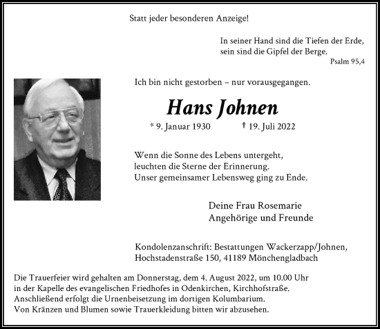 Traueranzeige von Hans Johnen von Rheinische Post