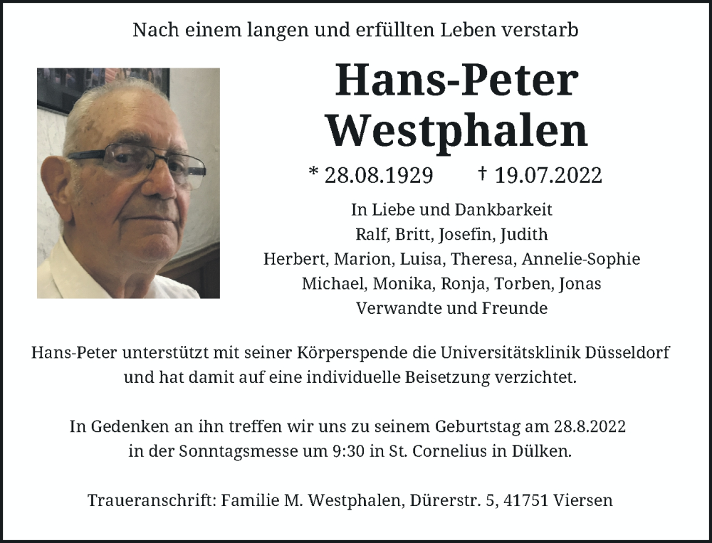  Traueranzeige für Hans-Peter Westphalen vom 30.07.2022 aus Rheinische Post