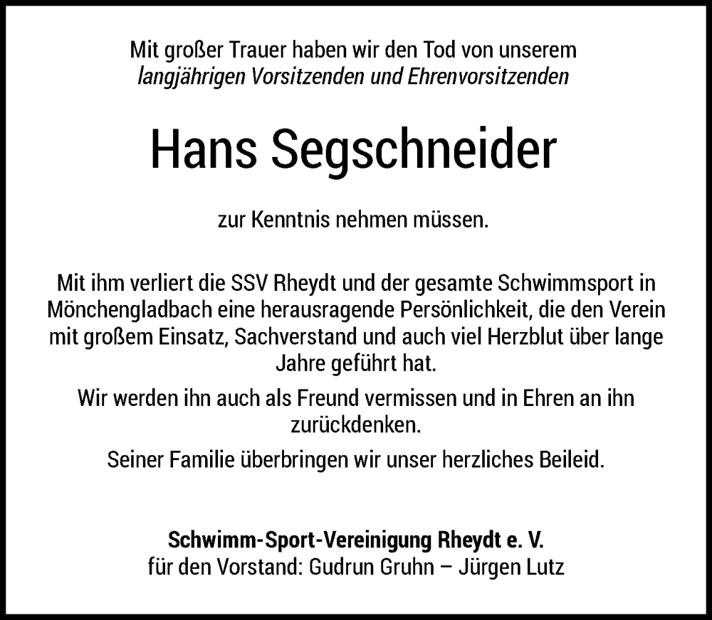  Traueranzeige für Hans Segschneider vom 16.07.2022 aus Rheinische Post