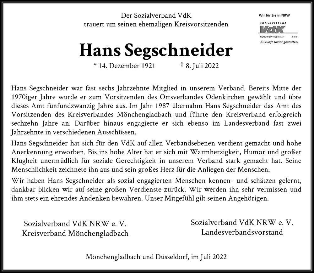  Traueranzeige für Hans Segschneider vom 20.07.2022 aus Rheinische Post