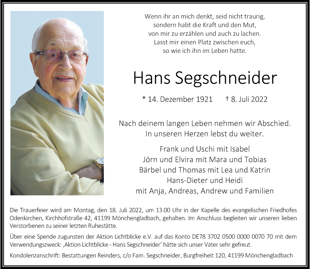  Traueranzeige für Hans Segschneider vom 13.07.2022 aus Rheinische Post