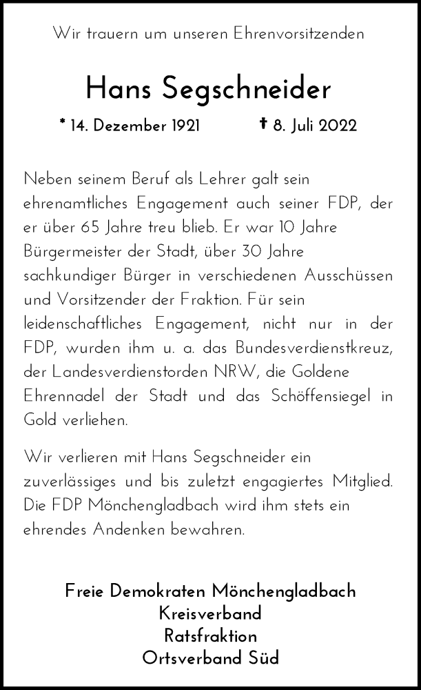  Traueranzeige für Hans Segschneider vom 13.07.2022 aus Rheinische Post