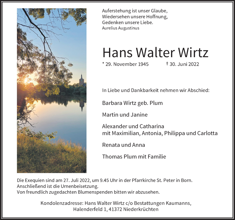  Traueranzeige für Hans Walter Wirtz vom 23.07.2022 aus Rheinische Post