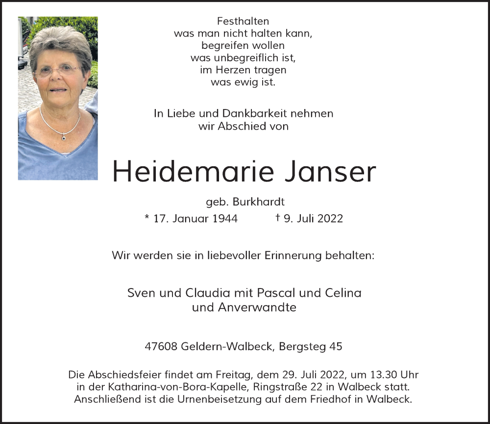  Traueranzeige für Heidemarie Janser vom 23.07.2022 aus Rheinische Post