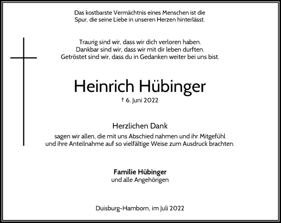 Traueranzeige von Heinrich Hübinger von Rheinische Post