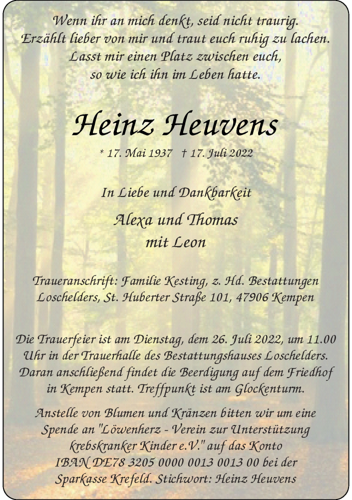  Traueranzeige für Heinz Heuvens vom 23.07.2022 aus Rheinische Post
