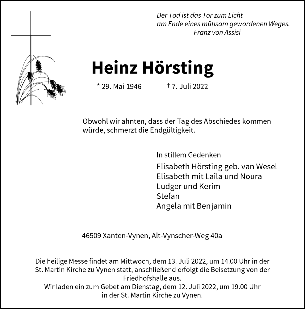  Traueranzeige für Heinz Hörsting vom 11.07.2022 aus Rheinische Post