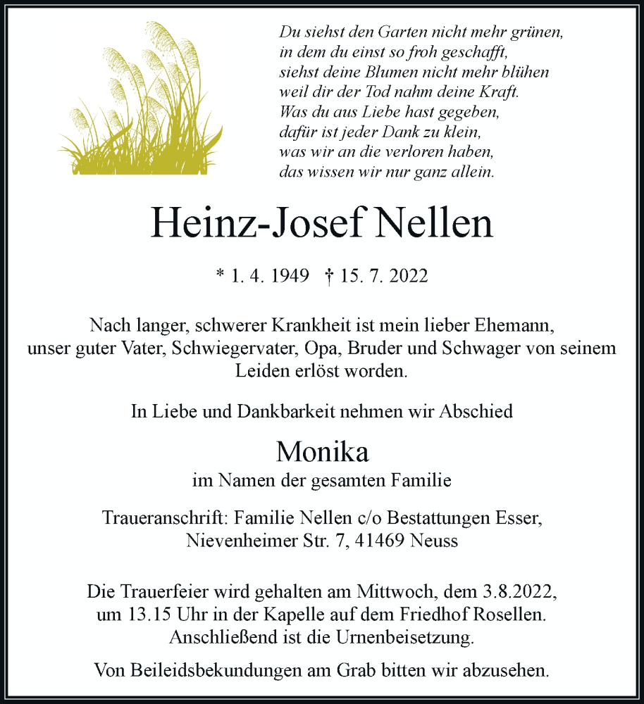  Traueranzeige für Heinz-Josef Nellen vom 30.07.2022 aus Rheinische Post