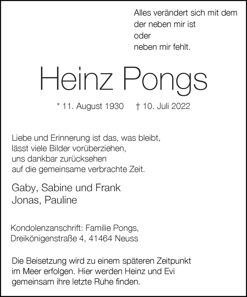  Traueranzeige für Heinz Pongs vom 23.07.2022 aus Rheinische Post