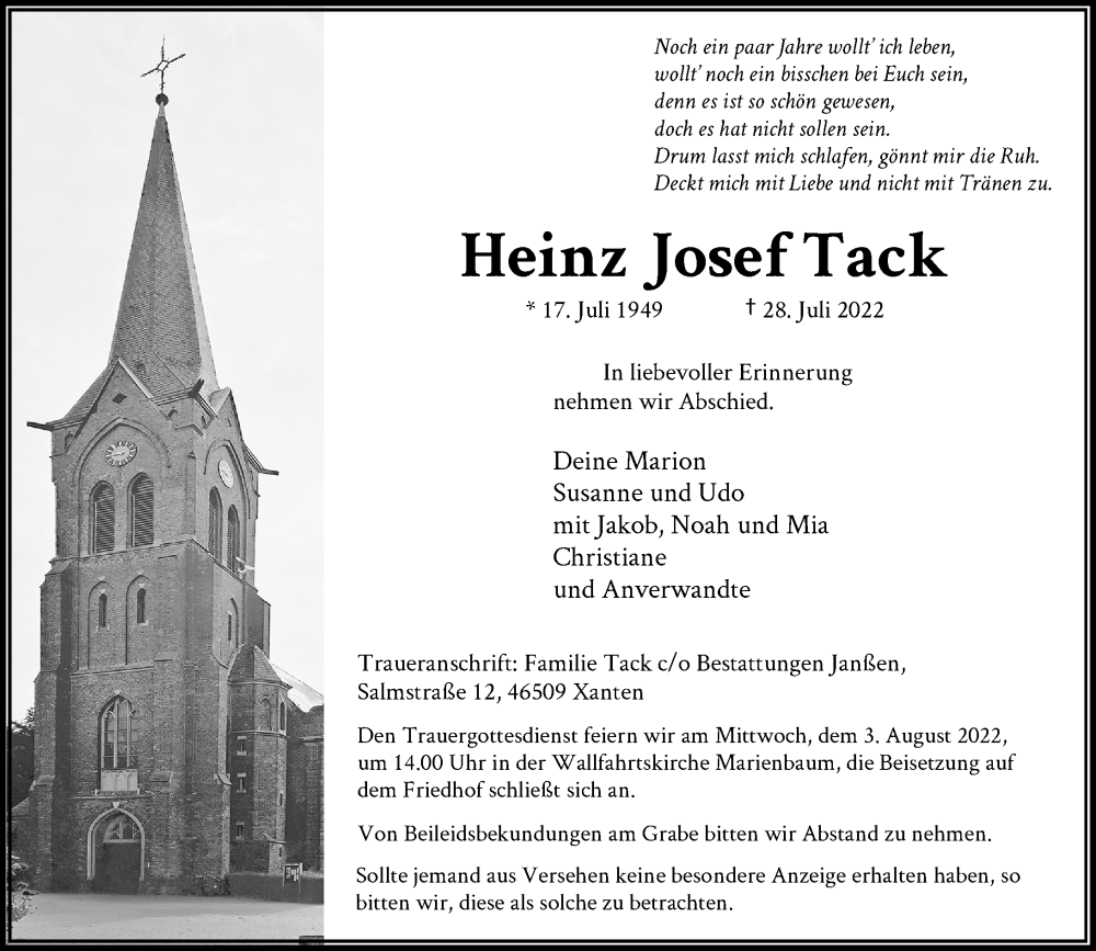  Traueranzeige für Heinz Josef Tack vom 01.08.2022 aus Rheinische Post