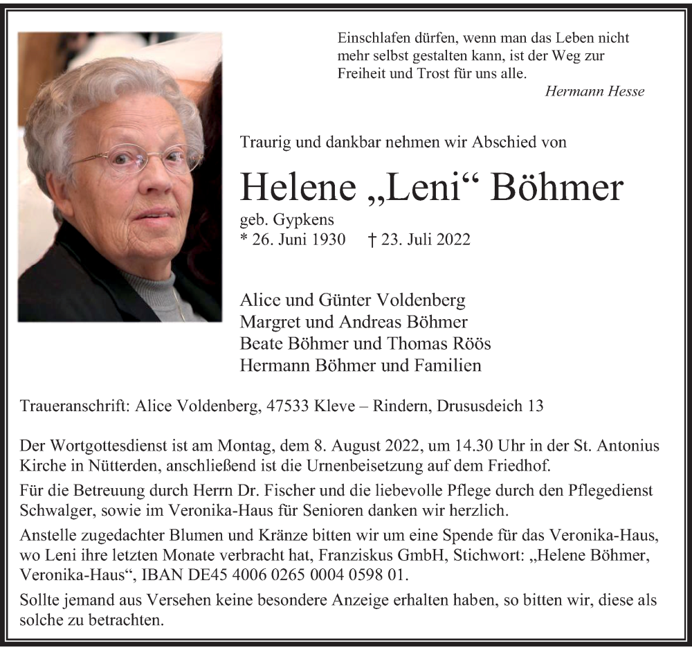  Traueranzeige für Helene  Böhmer vom 30.07.2022 aus Rheinische Post