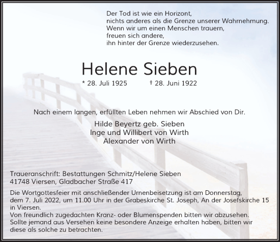 Traueranzeige von Helene Sieben von Rheinische Post