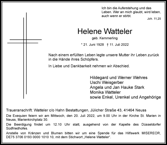 Traueranzeige von Helene Watteler von Rheinische Post