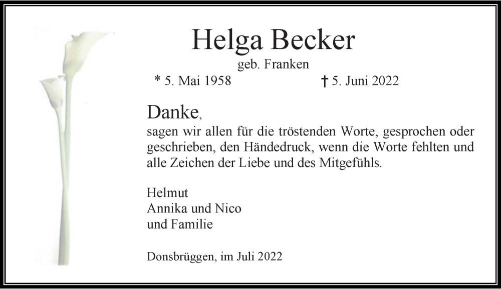  Traueranzeige für Helga Becker vom 23.07.2022 aus Rheinische Post