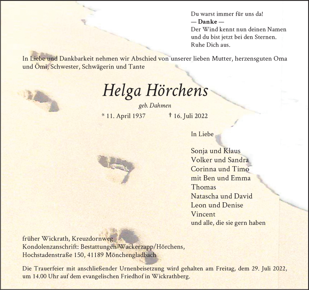  Traueranzeige für Helga Hörchens vom 23.07.2022 aus Rheinische Post