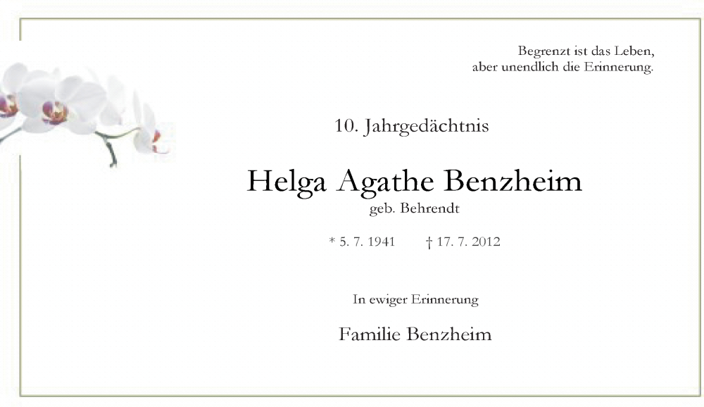  Traueranzeige für Helga Agathe Benzheim vom 16.07.2022 aus Rheinische Post